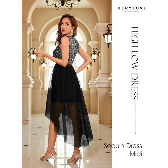 BeryLove Women Tulle Sequin Black Chiffon Scoop Neck Sleeveless Cocktail Dresses - Picture 4 of 7